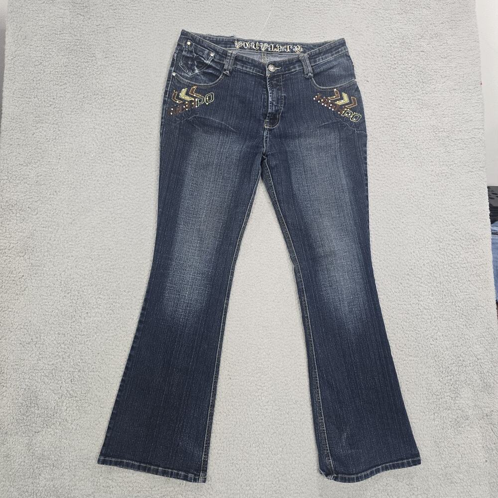 YMD Womens Y2K Bootcut Jeans 34x31 Rhinestone Embroidered McBling Dark Wash